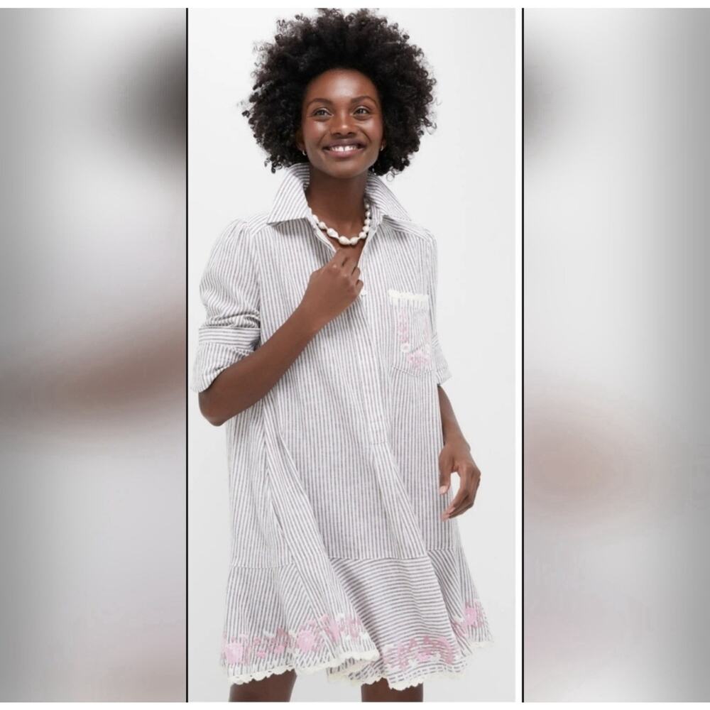 Tuckernuck Callahan Embroidered Shirt Dress Line Brown Striped Womens Medium